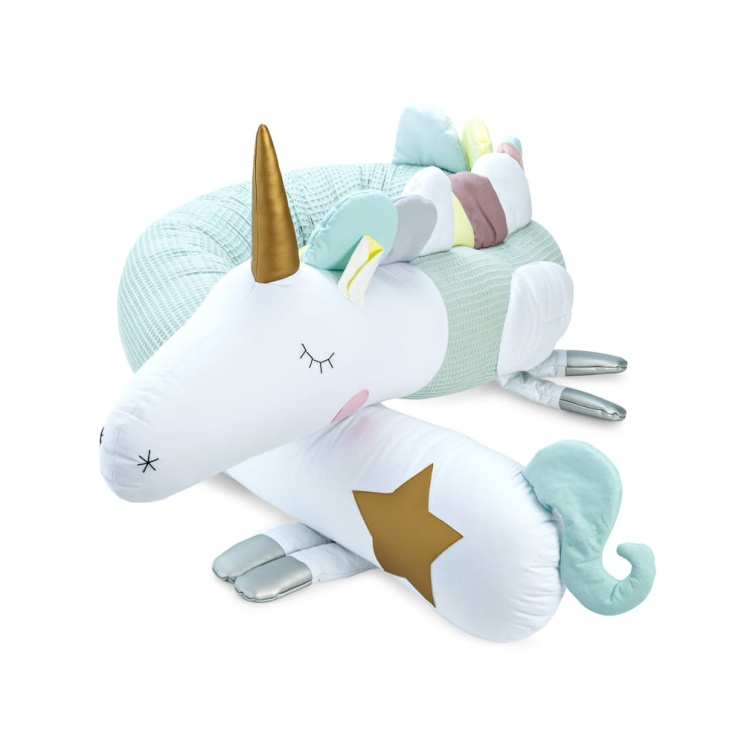 long mint unicorn-shaped cuddle pillow, wall protector for a baby bed, cuddlerest.jpg