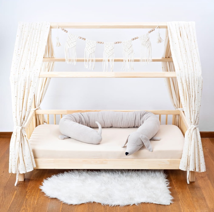 beige dog- shaped bed bumper, cuddlerest, long pillow for kids, perfect gift for toddlers.jpg
