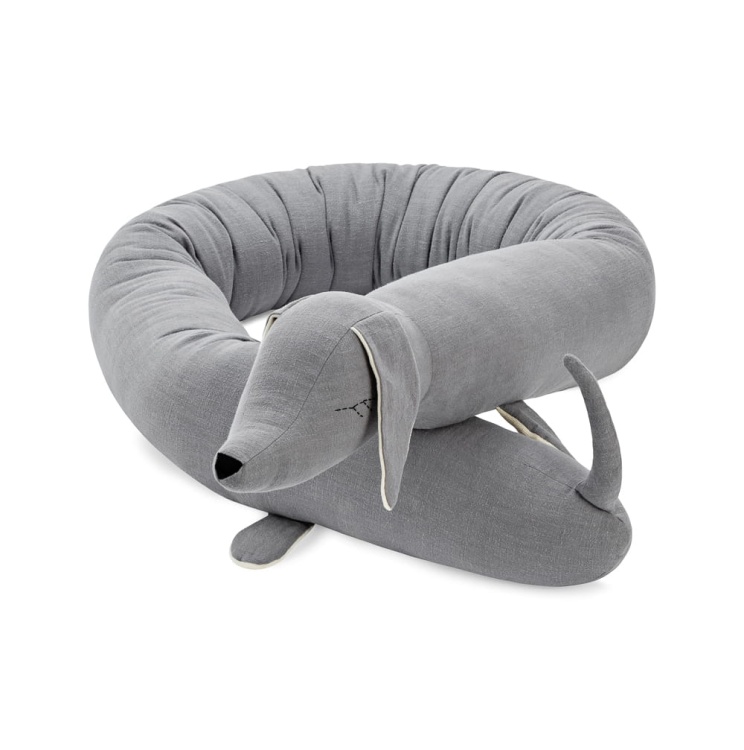 long gray dachshund-shaped cuddle pillow, wall protector for a baby bed, cuddlerest.jpg