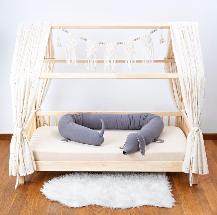 gray dog- shaped bed bumper, cuddlerest, long pillow for kids, perfect gift for toddlers.jpg