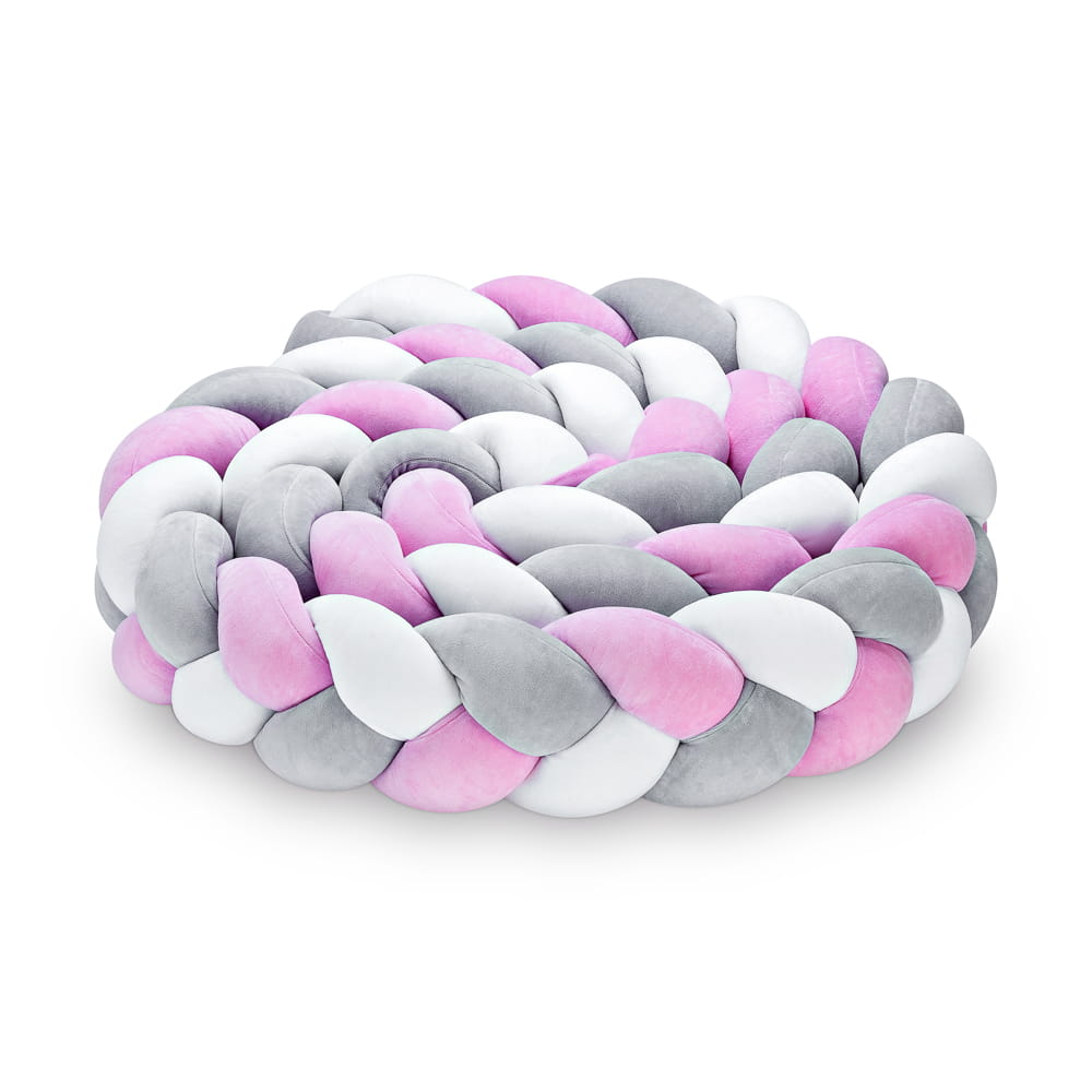 Grau-Weiß-Rosa (1:1:1) 3-Strang Bettschlange – Geflochtenes Nestchen aus Baumwollvelours